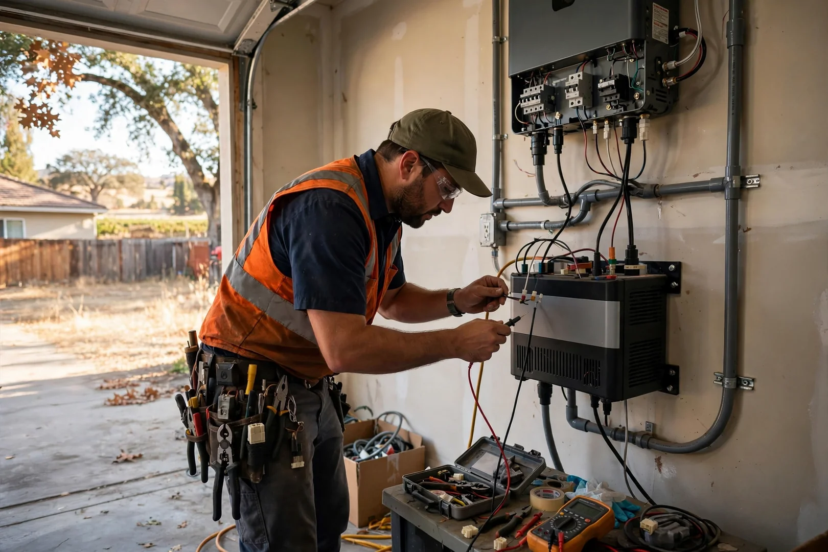Technician testing inverter wiring and battery storage inside a residential garage