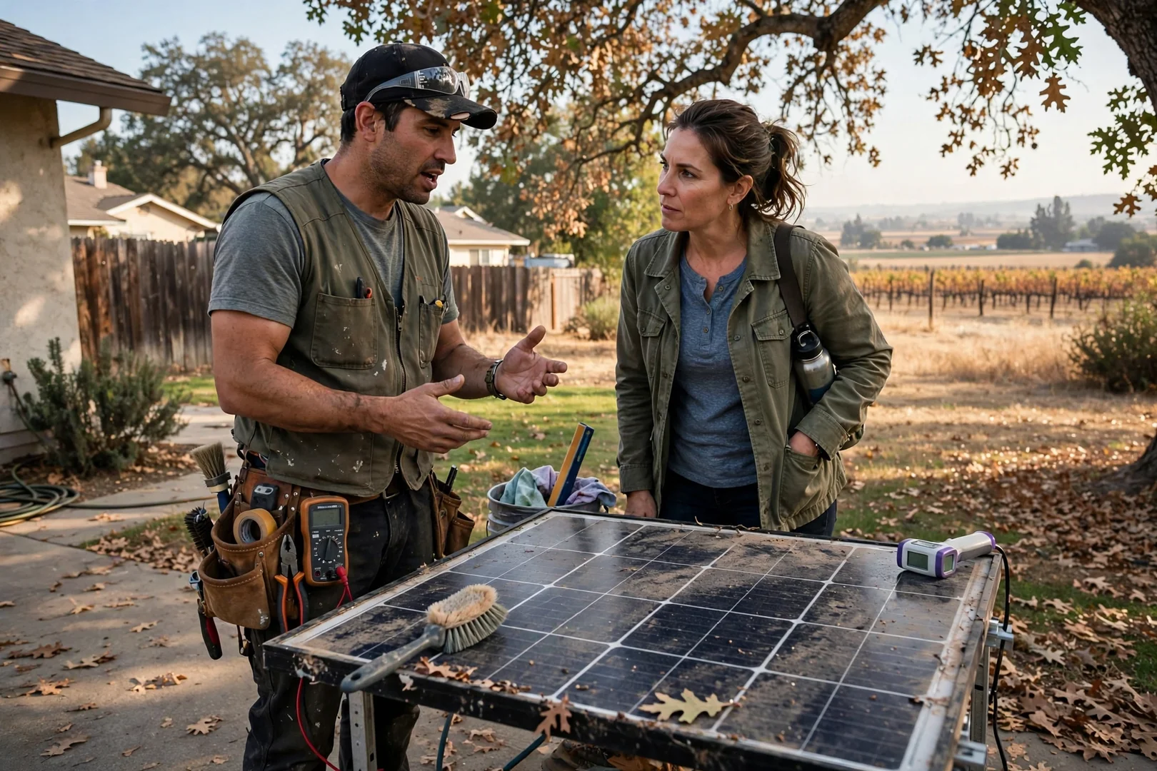 Homeowner and solar technician reviewing repair estimate beside a residential solar array