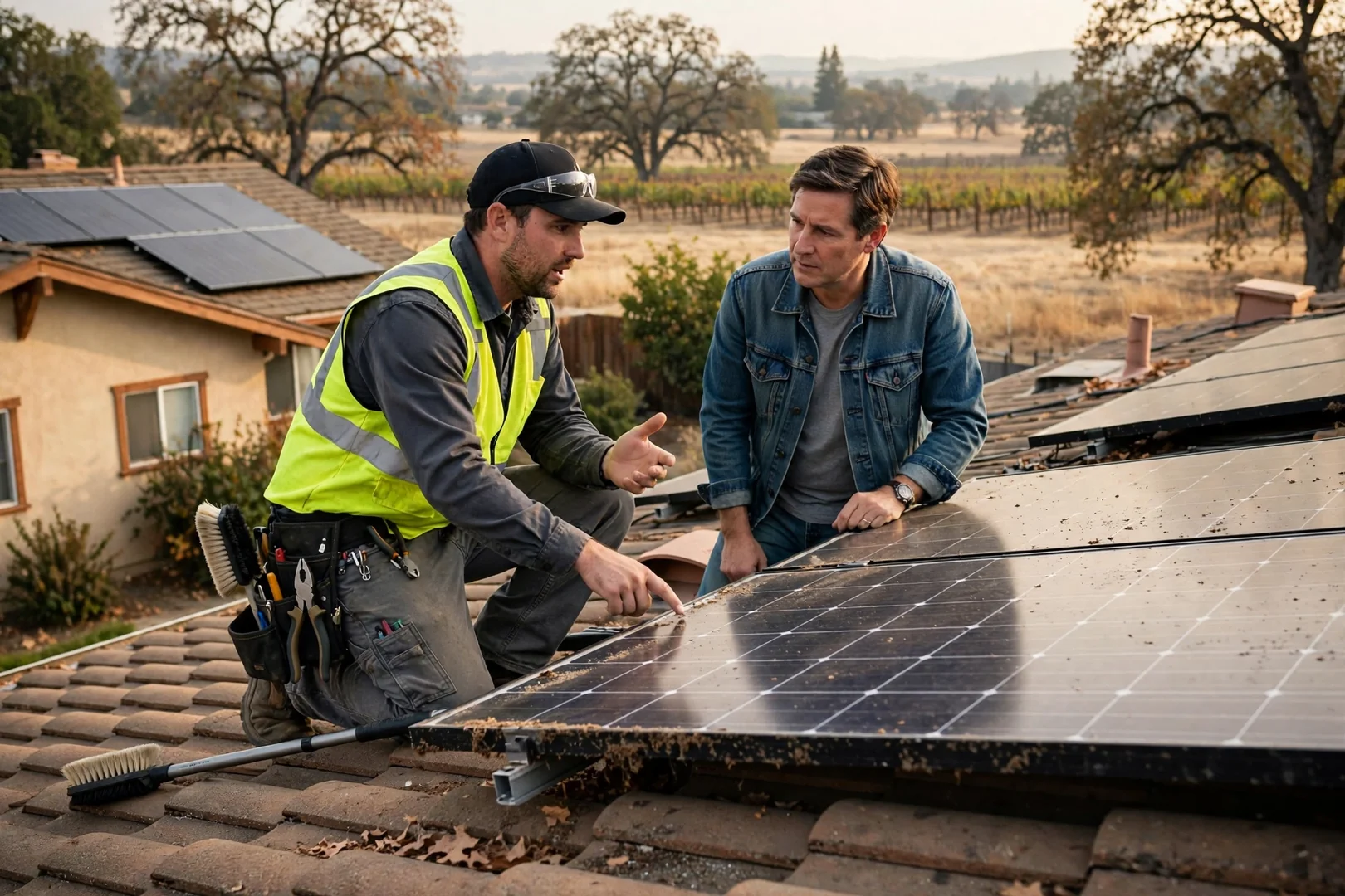 Solar technician testing rooftop panel wiring during a repair visit at a Lodi home