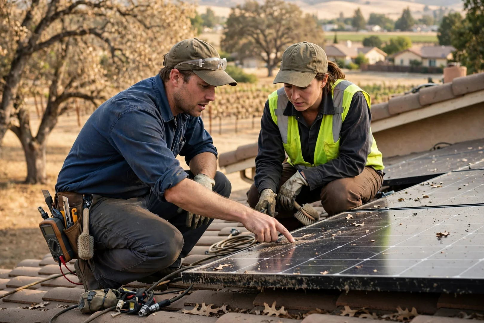 Technician testing rooftop solar module wiring during a repair visit on a Lodi home
