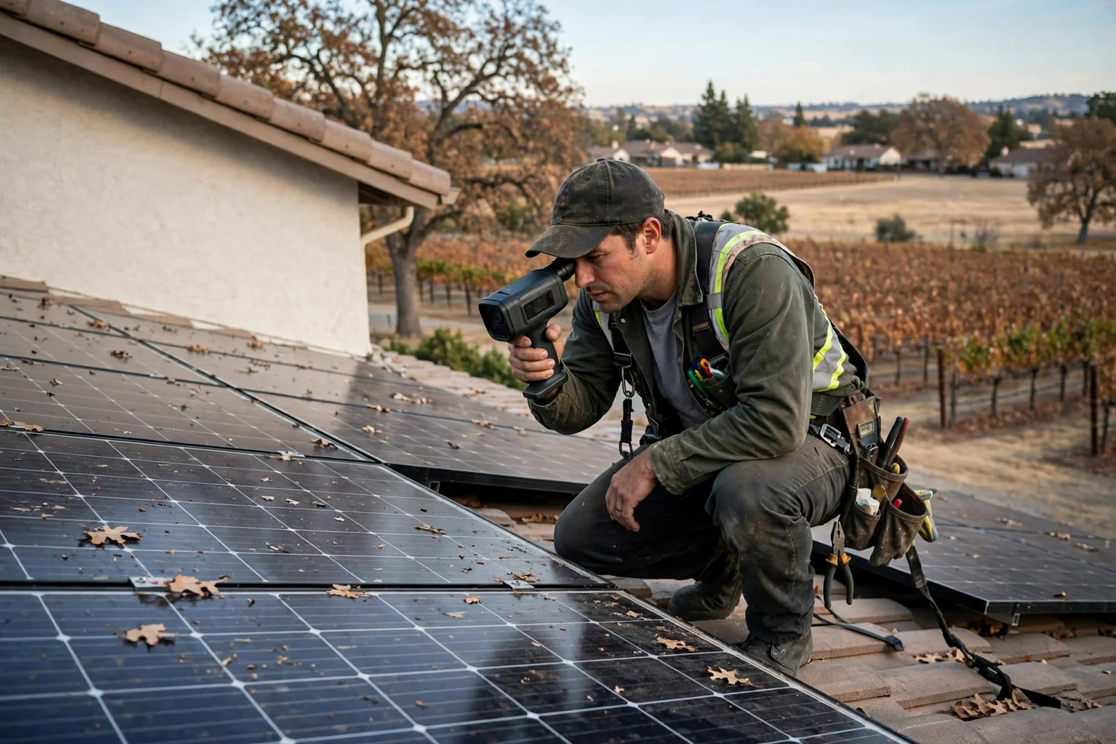 Technician inspecting rooftop solar panels with thermal camera on a Lodi home