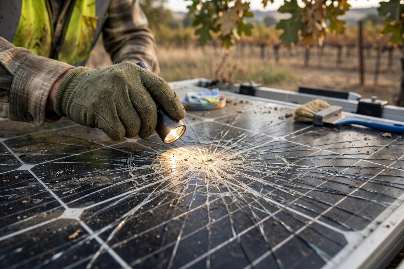 Close-up of cracked solar module glass showing microcracks before repair