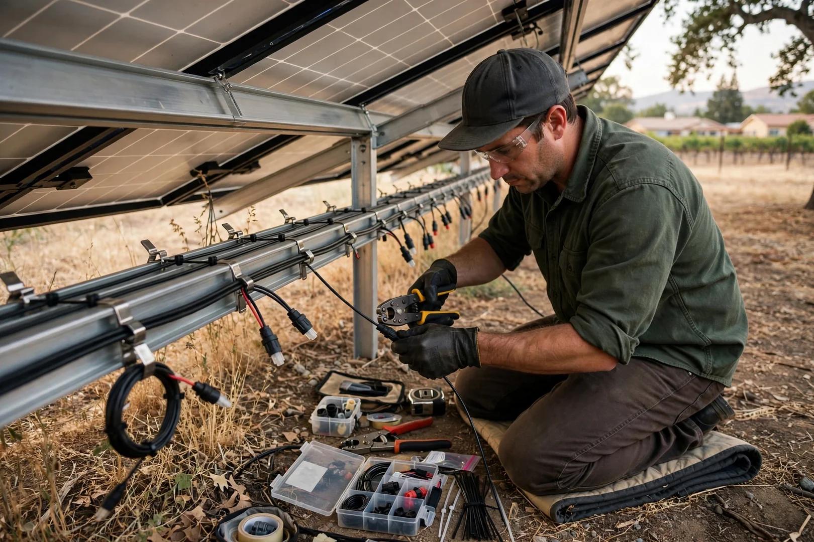 Re-terminated MC4 connectors and clean wire management under a solar array