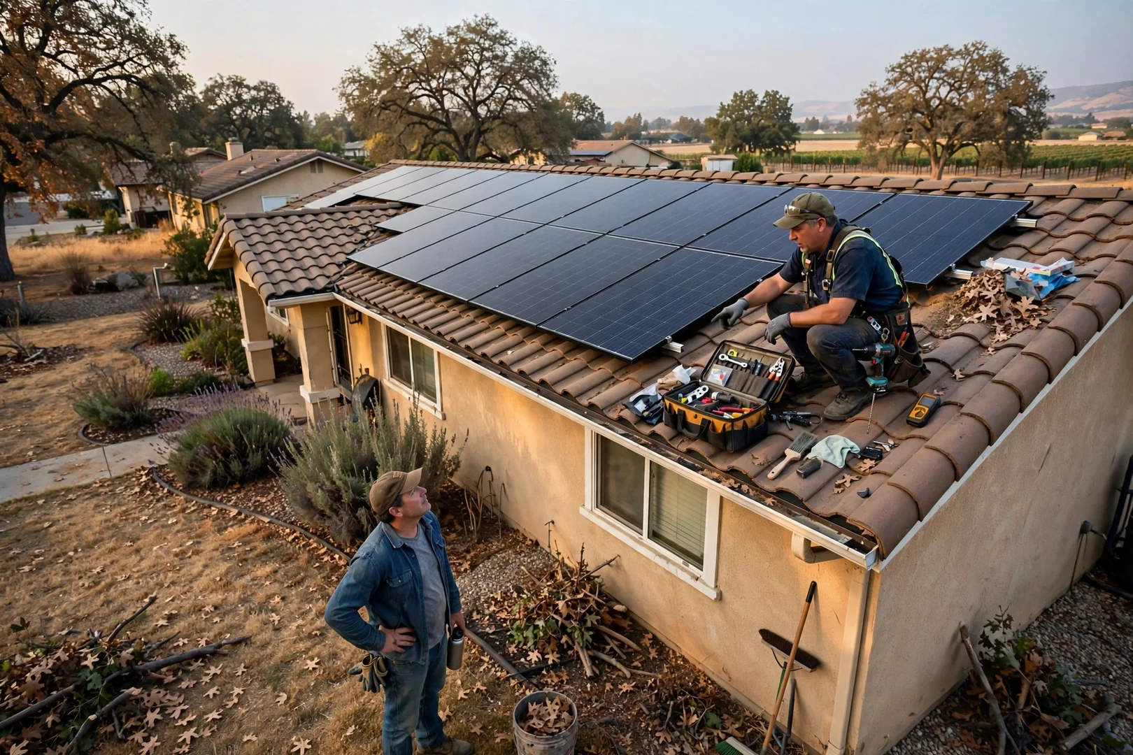 Wide shot of tile-roof residential solar array after module replacement