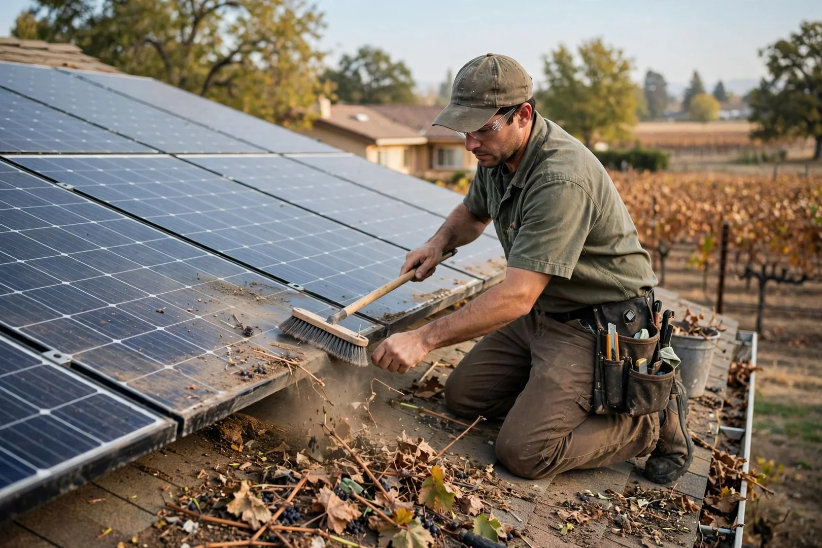 Dust and vineyard debris cleared from lower edges of solar panels