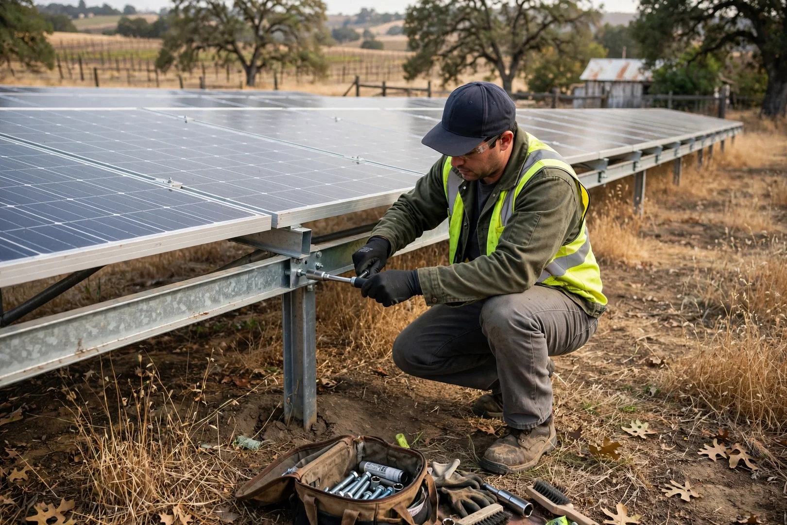 Ground-mounted solar array on rural parcel with racking hardware being re-torqued