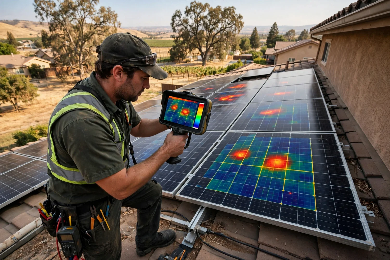 Thermal imaging inspection revealing hot spots on a residential solar array