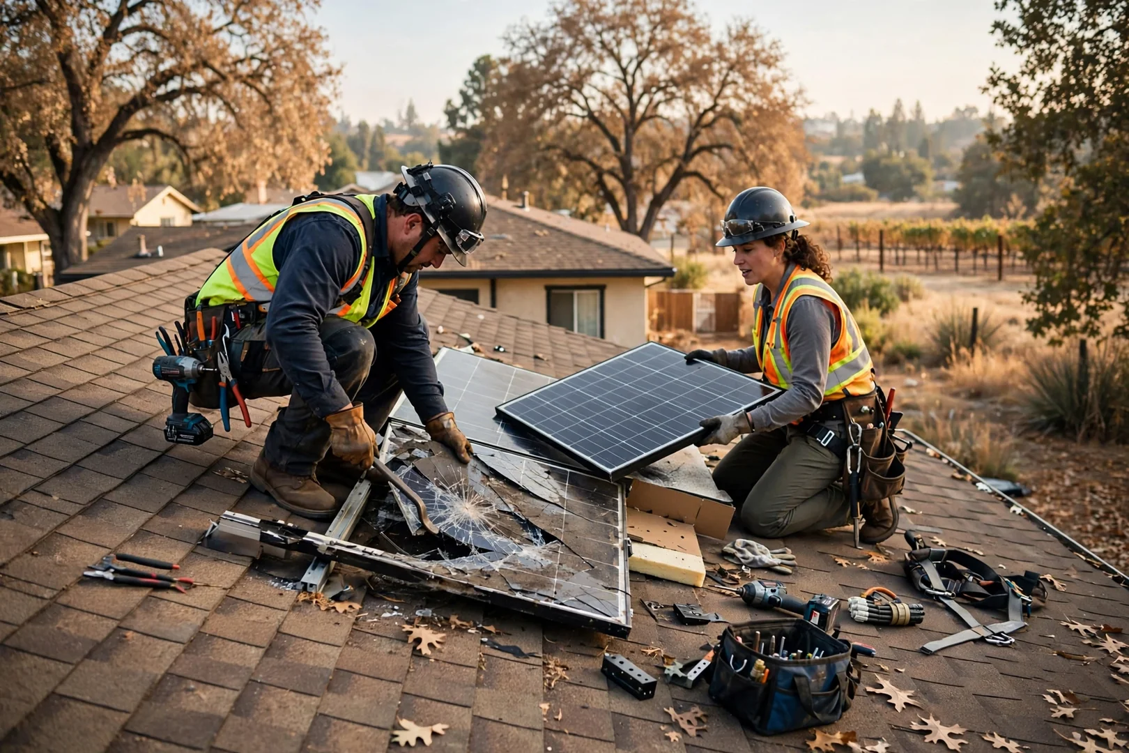 Replacement of a damaged solar panel on a shingle roof in a Lodi neighborhood