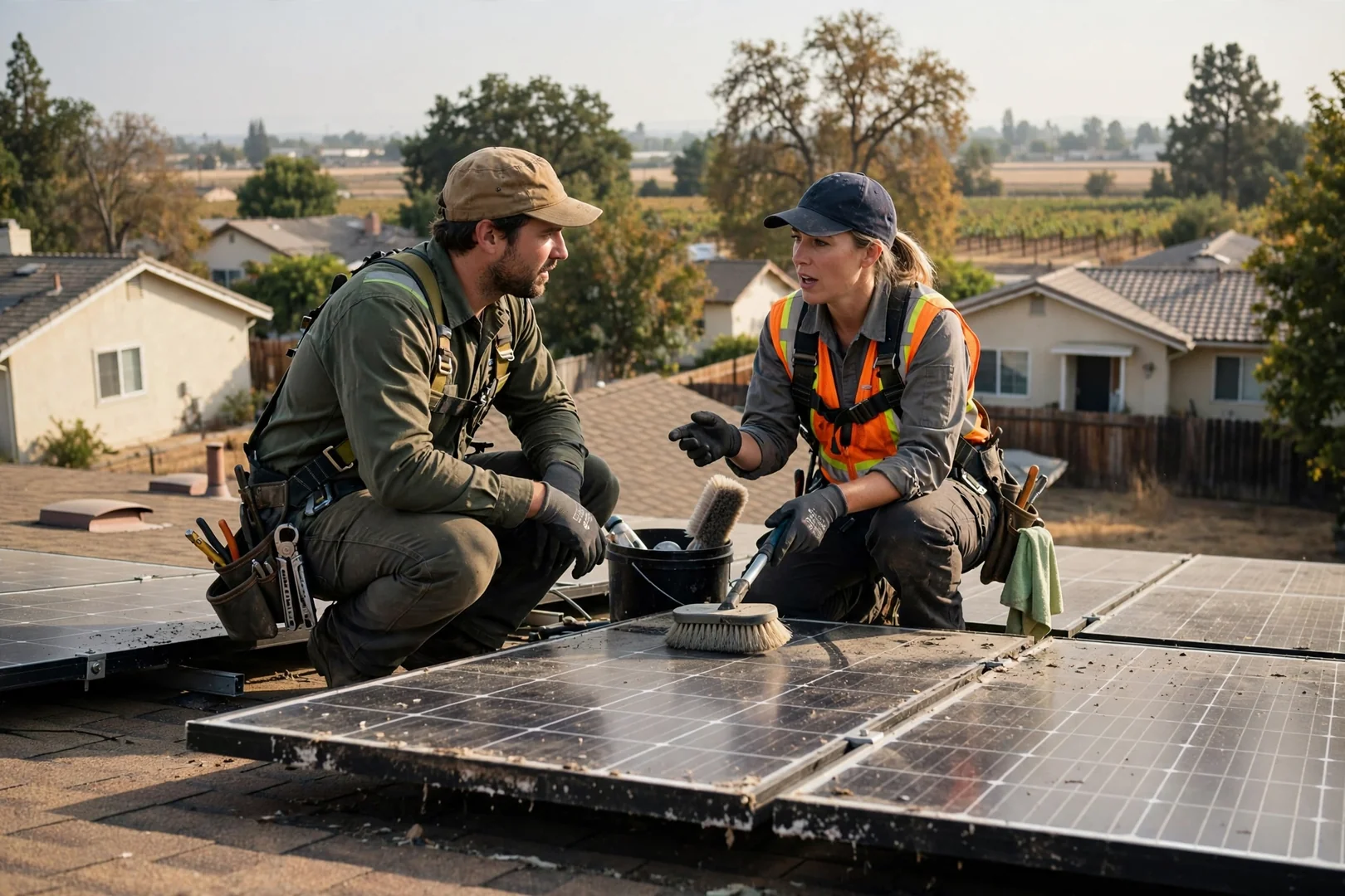 Technician removing an aging rooftop solar module during a panel replacement on a Lodi home