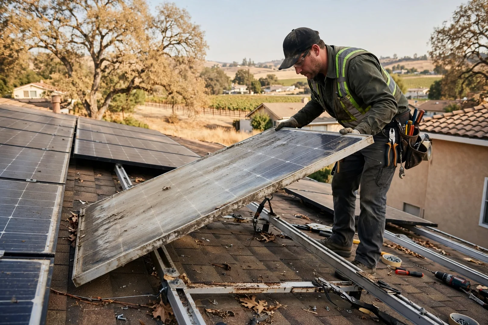 Technician lifting an aged solar module off roof racking during a Lodi replacement