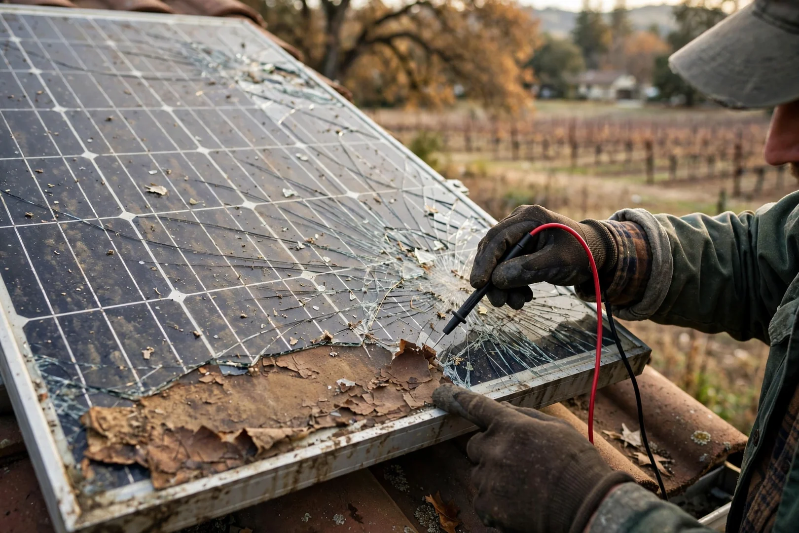 Close-up of cracked panel glass and browned backsheet on an older residential array