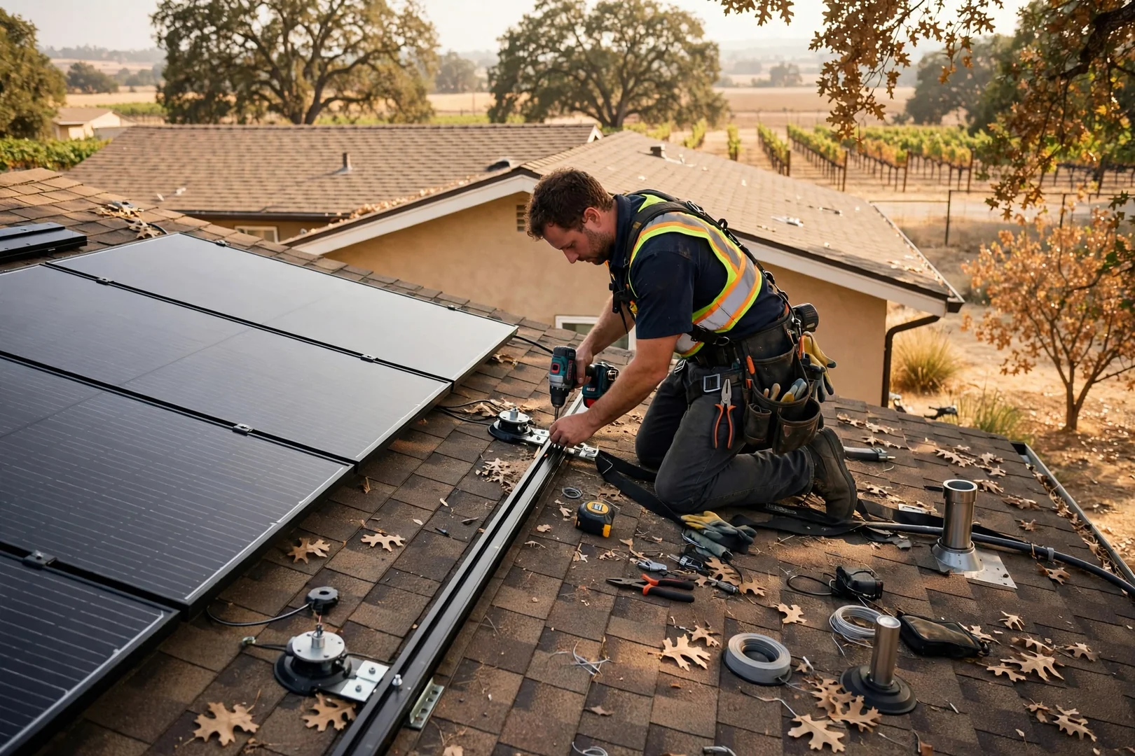 New solar modules installed on composition shingle roof of a Lodi home