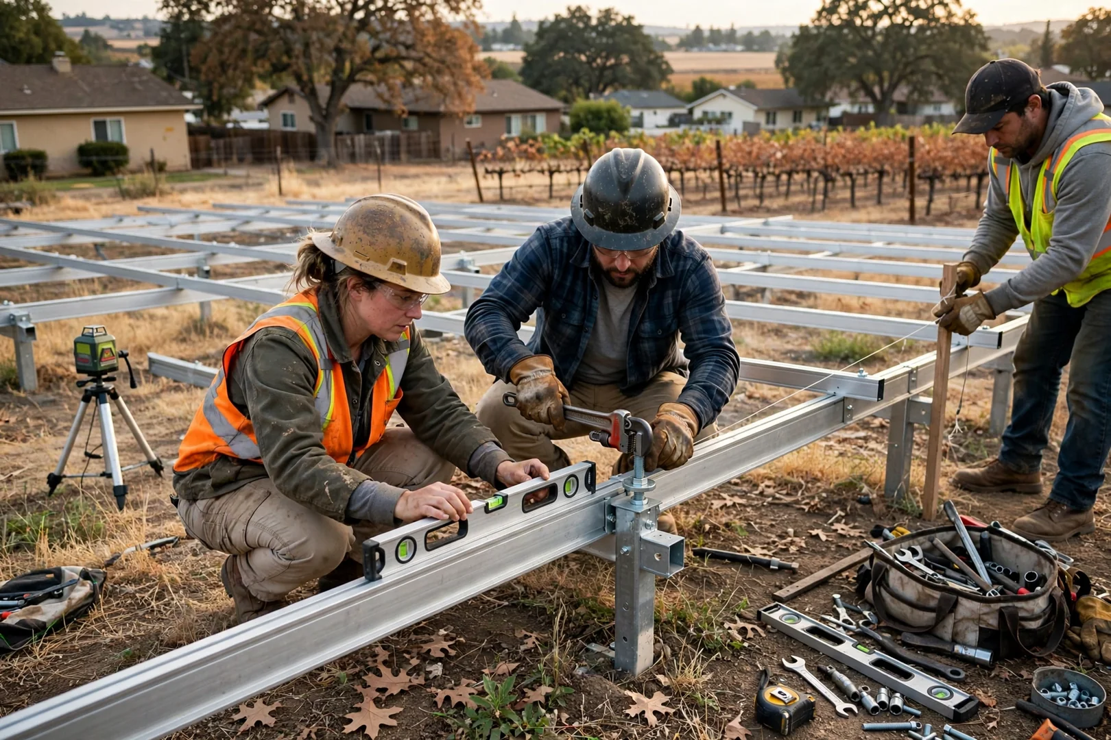 Ground-mounted solar array being re-leveled before new panels are set in place