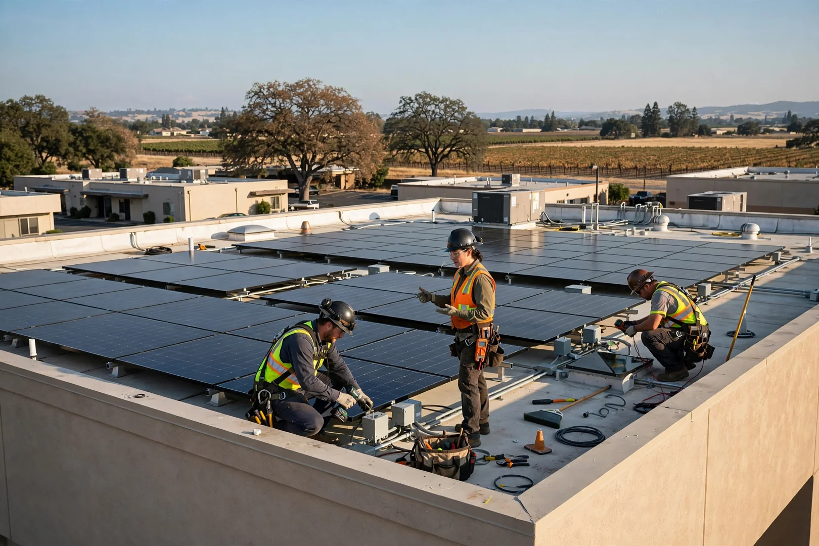Wide shot of finished rooftop solar replacement on a commercial building in Lodi