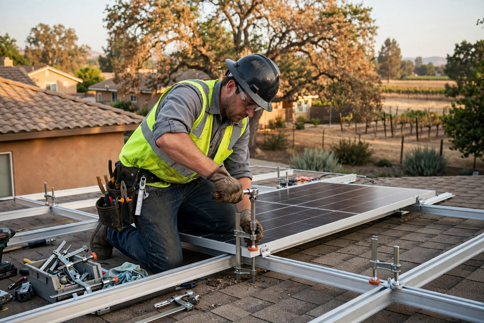 Installer torquing mid-clamps on aluminum rails securing replacement solar panels