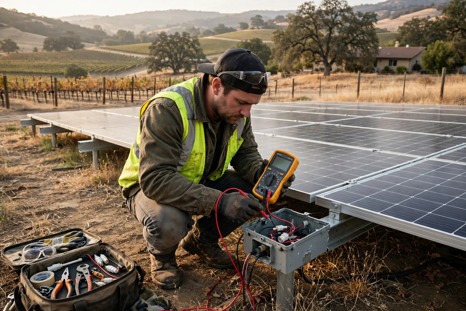 String voltage testing with a meter after solar panel replacement on a valley property