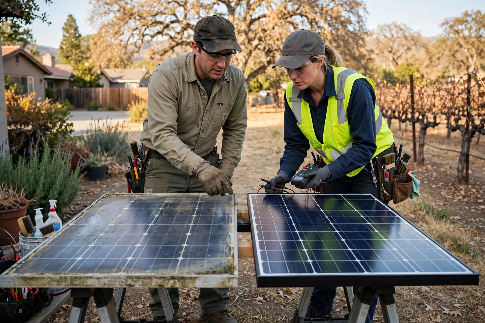 Old and new solar modules side by side showing degradation and fresh replacement panels