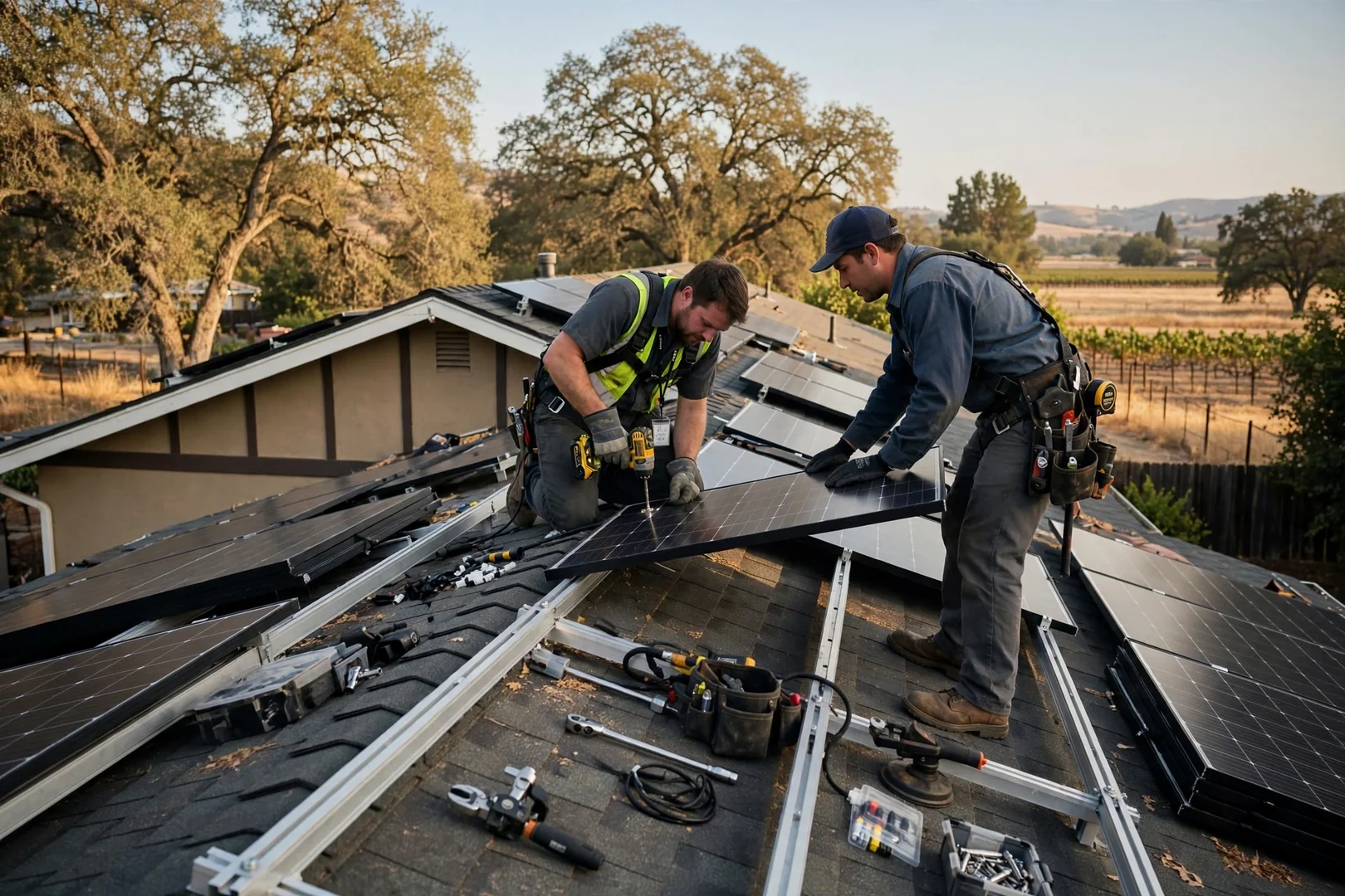 Crew installing replacement solar modules on aluminum racking above a residential roof