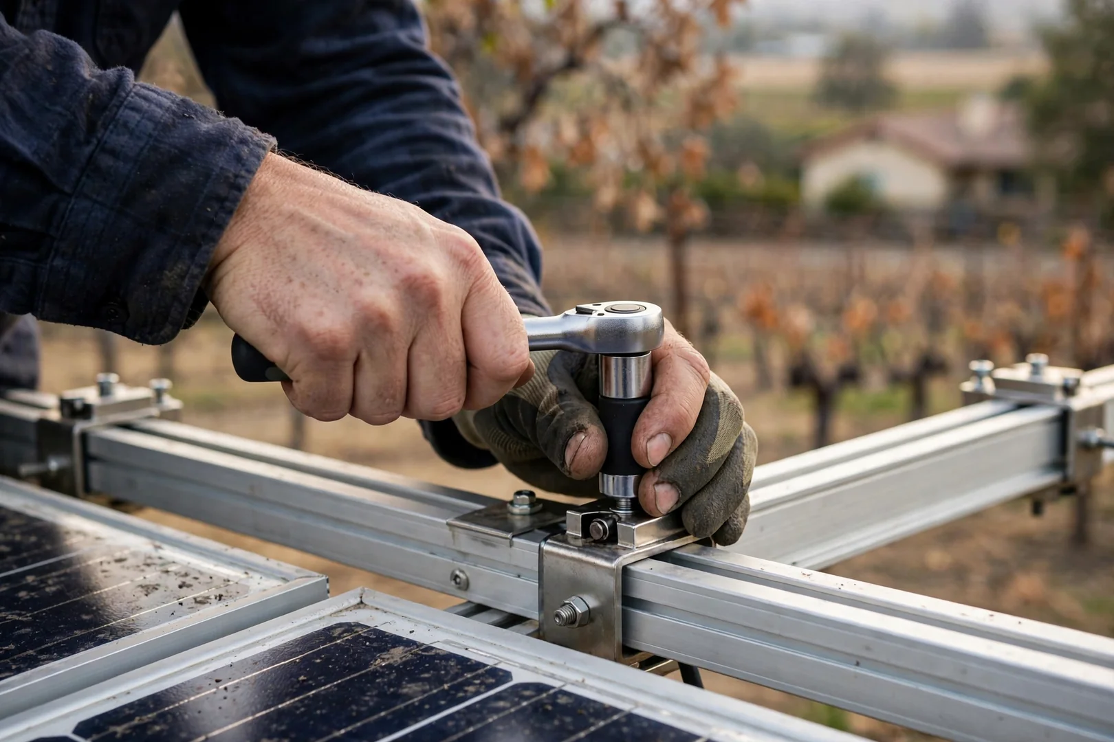 Close view of hands torquing module clamps on refreshed solar array rails