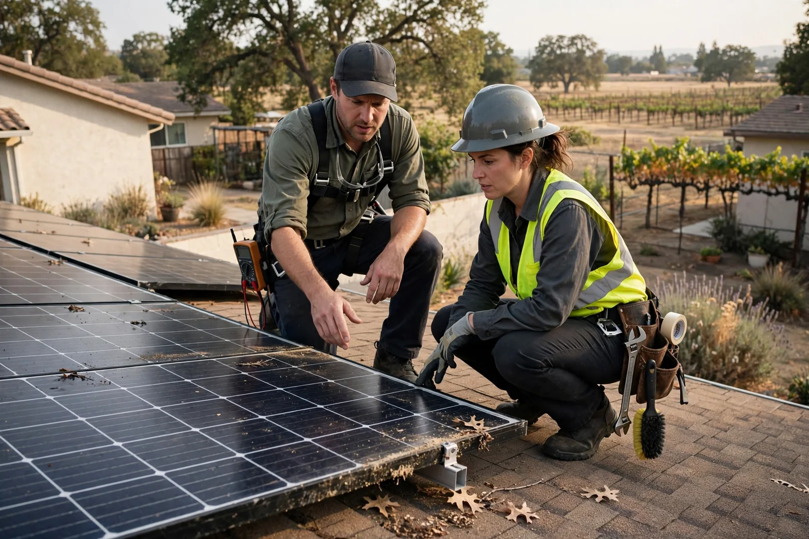 Homeowner reviewing a written solar maintenance estimate with a service technician