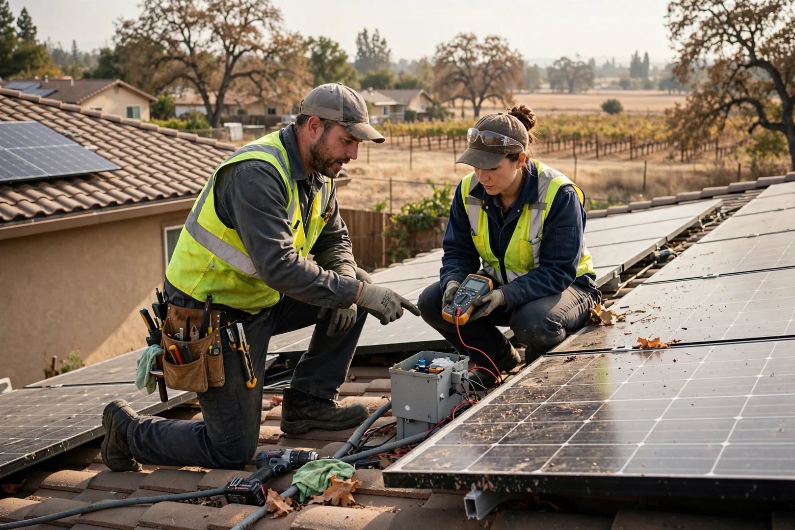Solar technician inspecting rooftop panel wiring on a Lodi home during a maintenance visit