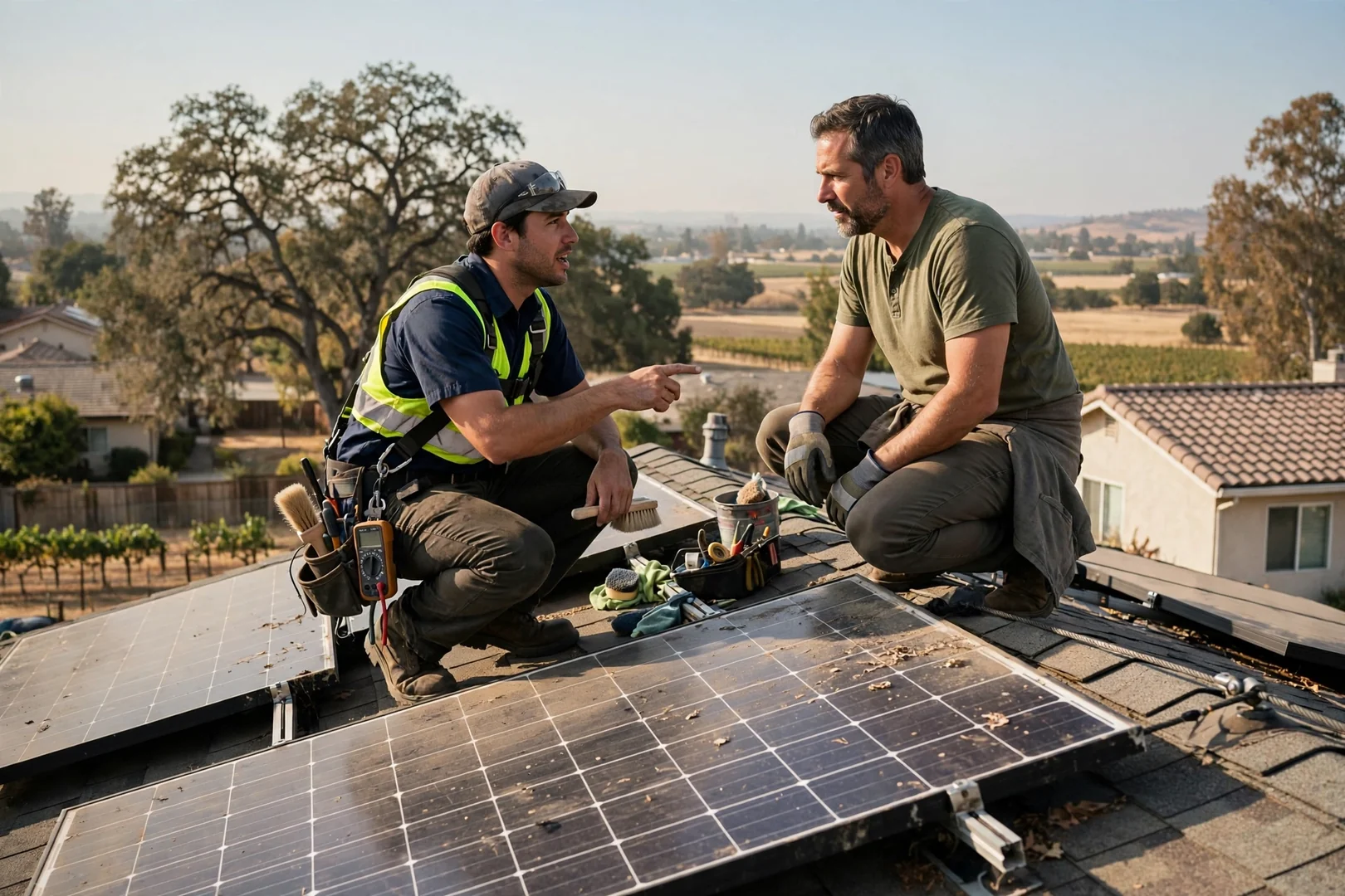 Technician testing inverter wiring during a rooftop solar maintenance visit at a Lodi home