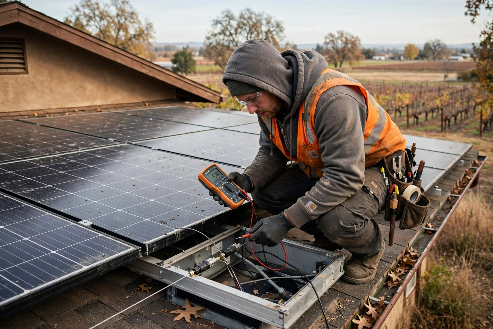 Technician testing string voltage at a rooftop solar array on a Lodi ranch home