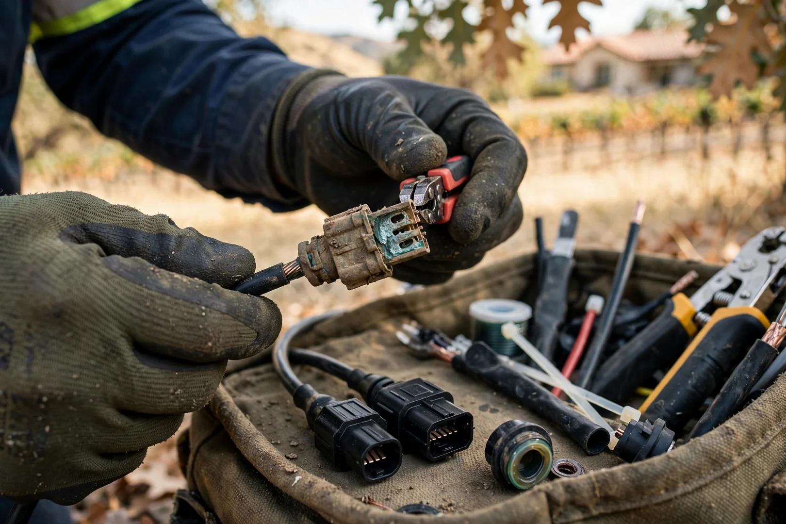 Close-up of corroded MC4 connectors being replaced during a solar repair visit