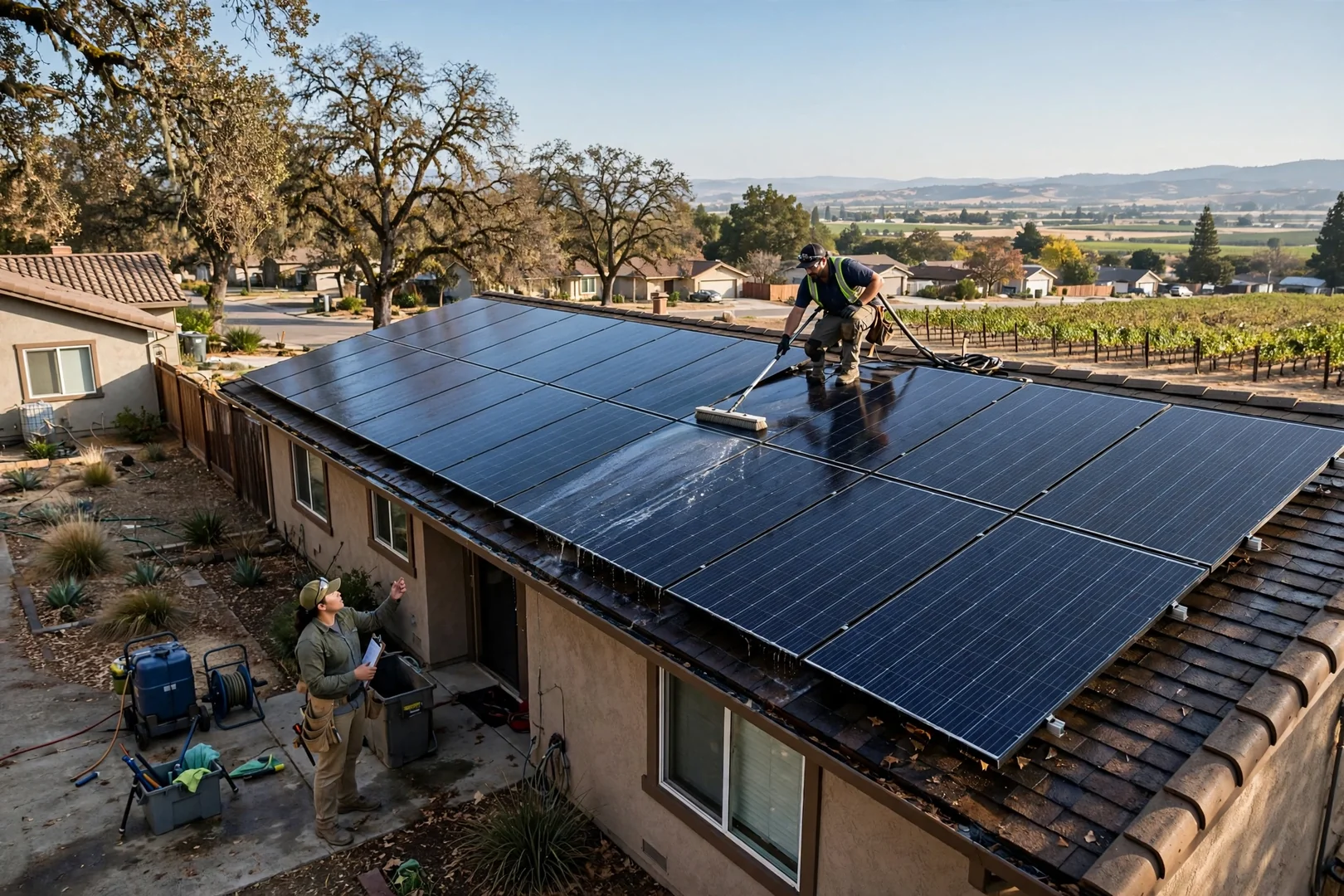Wide shot of a residential solar array after panel cleaning under clear valley skies