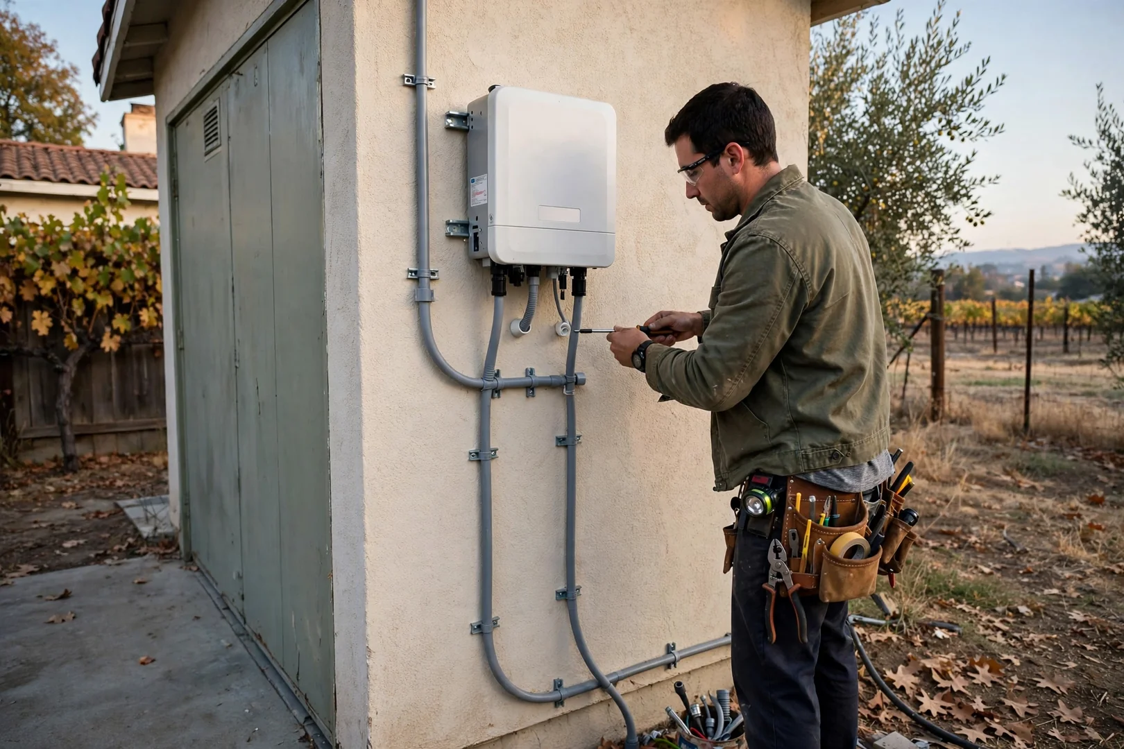Replacement string inverter mounted on a garage wall with conduit neatly routed