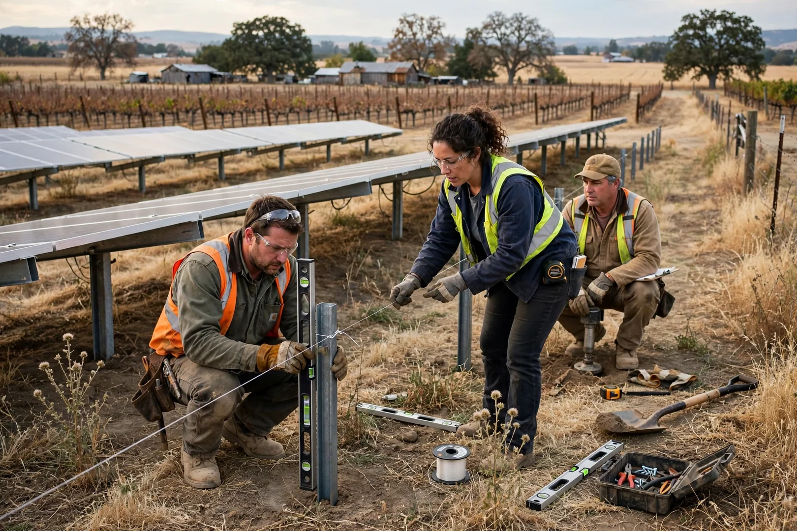 Ground-mounted solar rows on a rural Lodi parcel with post alignment being checked