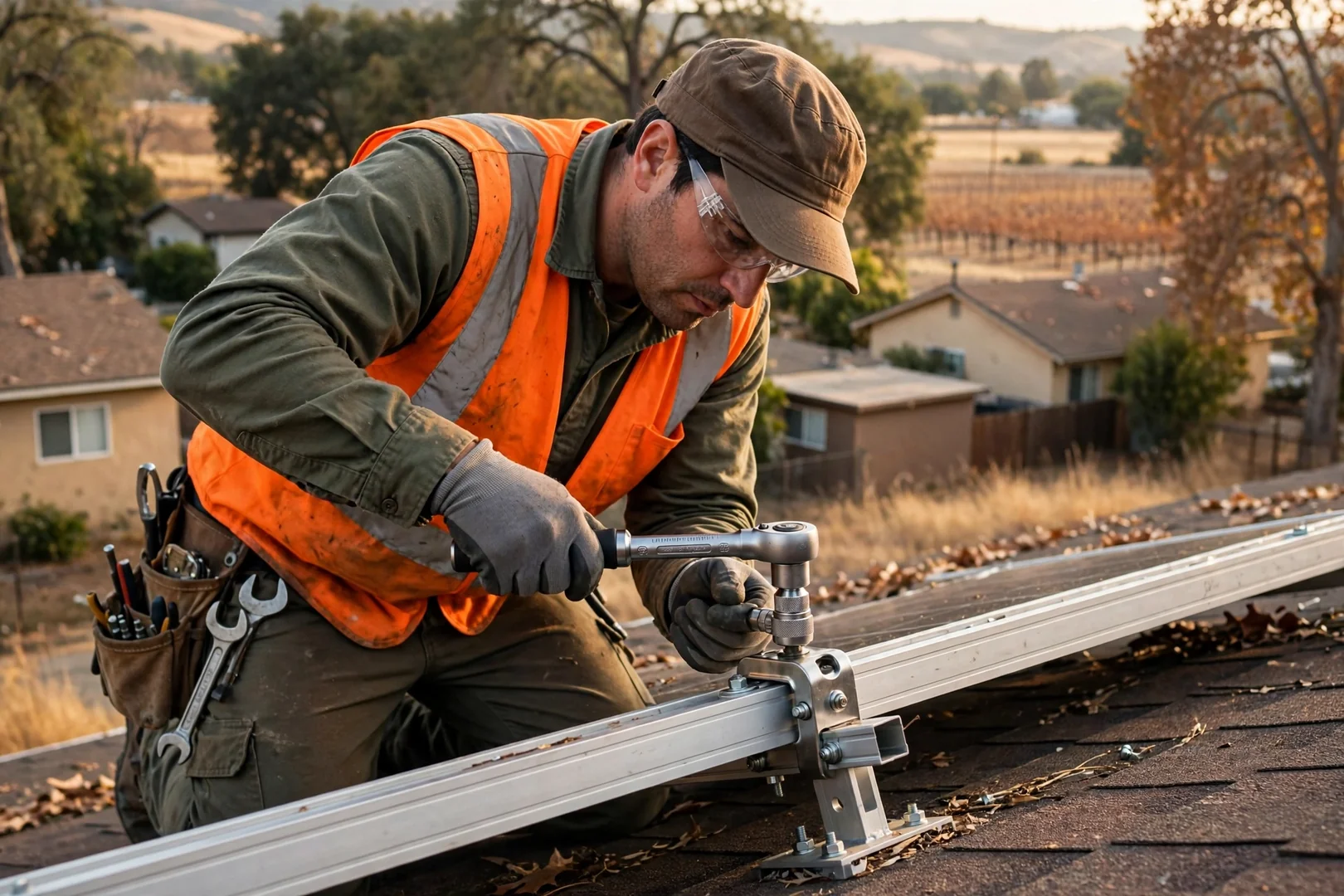 Torque wrench tightening a rail clamp on residential solar racking hardware