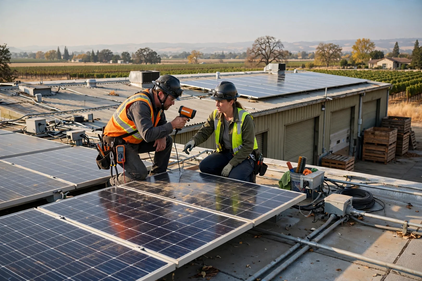 Commercial rooftop solar array inspected across a Lodi packing shed building