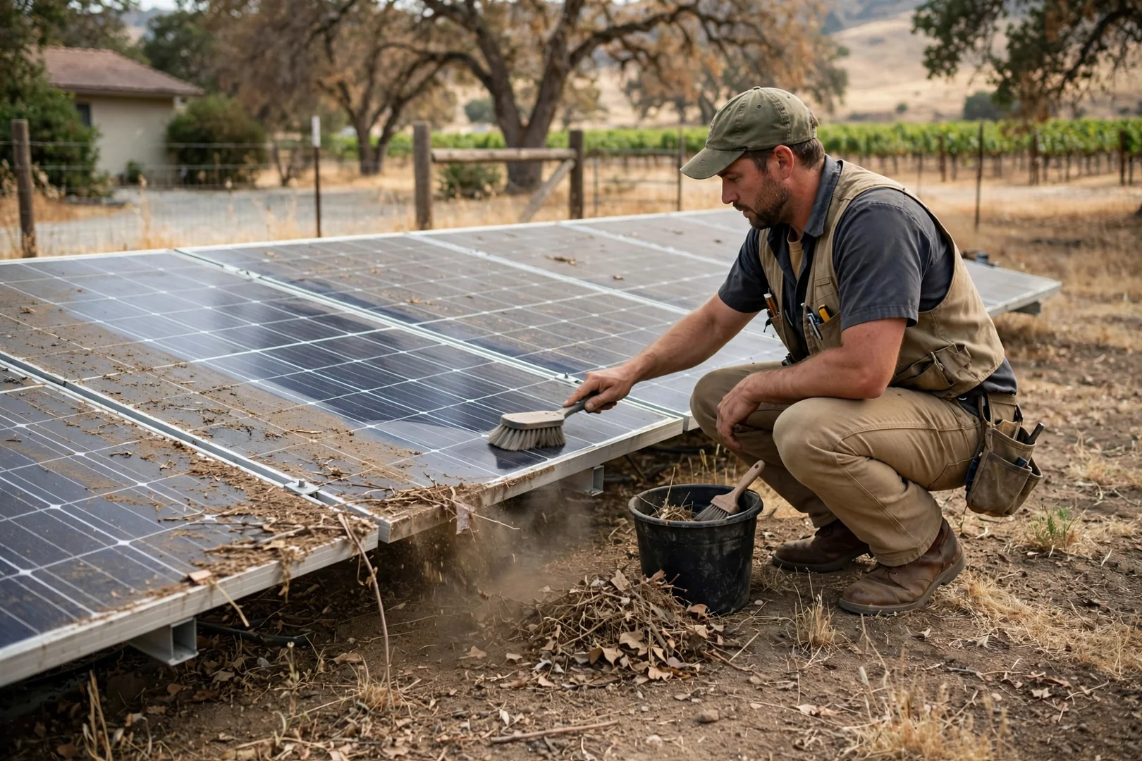 Dust and debris cleaned from ground level solar array after valley summer season
