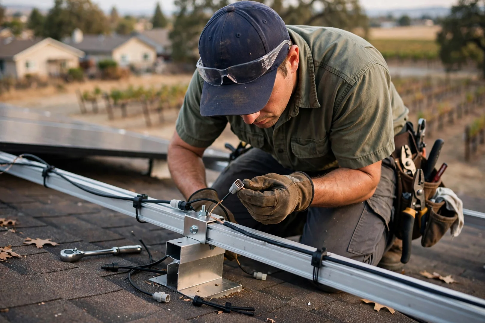 Close inspection of racking hardware and wiring connections on a shingle roof